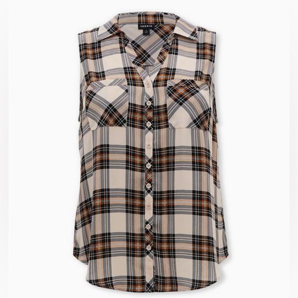 Torrid Size 1 X Madison Georgette Plaid Brown Button-Up Sleeveless Shirt - Picture 3 of 7